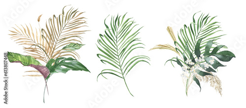 Watercolor tropical Green and beige palm leaves  summer clipart  floral bohemian bouquets with roses  monstera  green leaves and blush flower. For wedding stationary  greetings  wallpapers  fashion