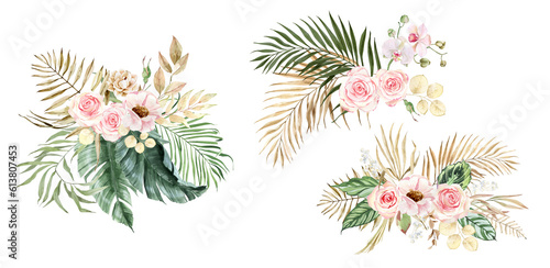 Watercolor tropical Green and beige palm leaves  summer clipart  floral bohemian bouquets with roses  monstera  green leaves and blush flower. For wedding stationary  greetings  wallpapers  fashion