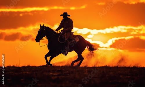 Cowboy riding a horse into sunset, only silhouette visible against orange sky. Generative AI