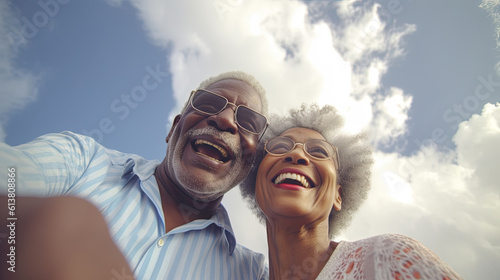 tourism, travel, people, leisure and technology concept - happy african american couple taking selfie over blue sky