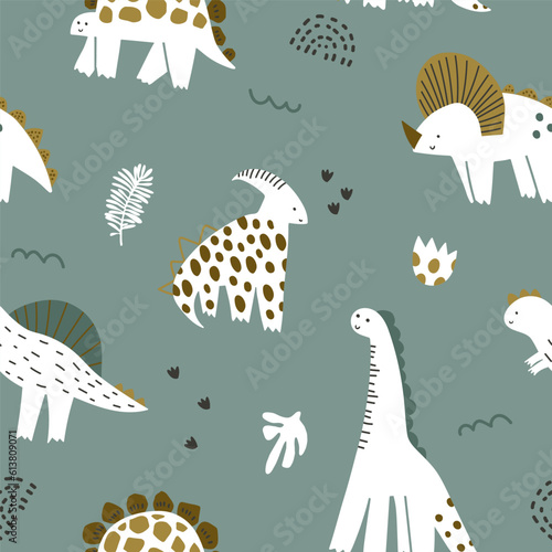 Seamless childish dino pattern. Cute dinosaurs characters texture. Hand drawn dino design. Vector illustration