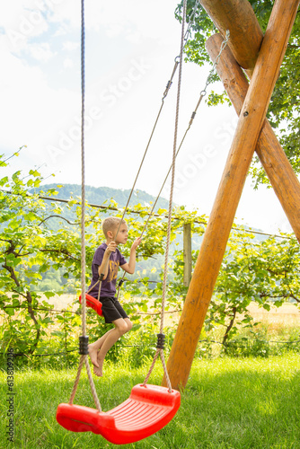 A boy of seven years old rides on a swing in the garden photo