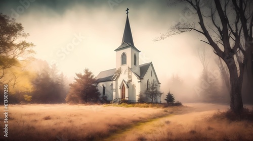 Beautiful church in the village art illustration  generative Ai art