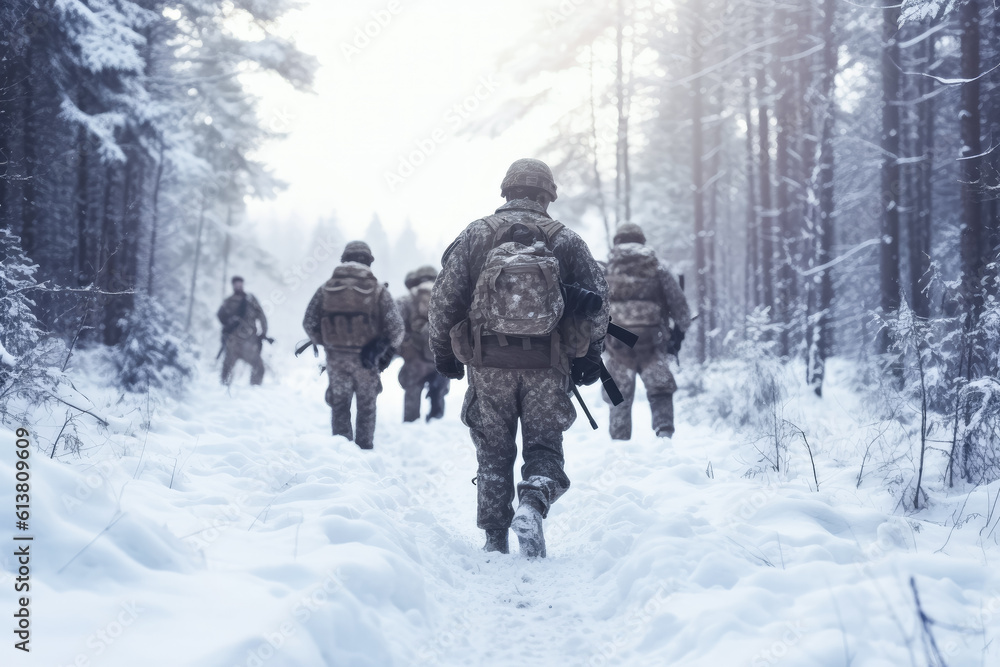 Group of infantry soldiers in uniforms, walking over snow covered landscape, forest near, view from behind. Military conflict or war in cold weather or arctic region concept. Generative AI Group of infantry soldiers in uniforms, walking over snow covered landscape, forest near, view from behind. Military conflict or war in cold weather or arctic region concept. Generative AI