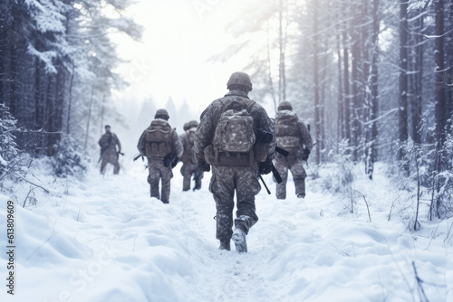 Group of infantry soldiers in uniforms, walking over snow covered landscape, forest near, view from behind. Military conflict or war in cold weather or arctic region concept. Generative AI