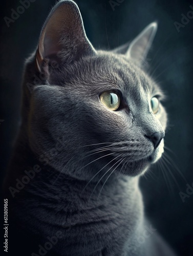 Close-up portrait of Russian blue cat on dark background. Generative AI