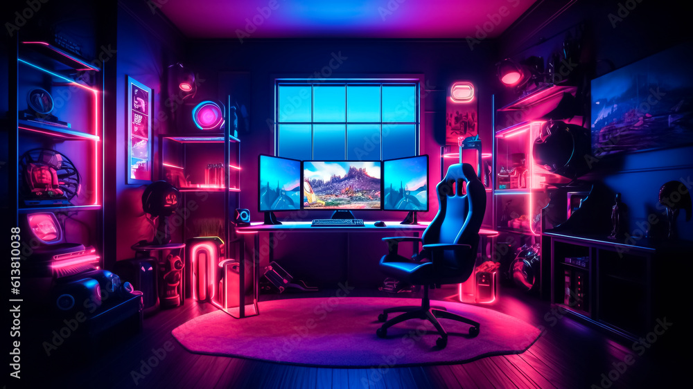 Futuristic gaming room with neon lights. Generative AI.