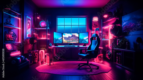 Futuristic gaming room with neon lights. Generative AI.