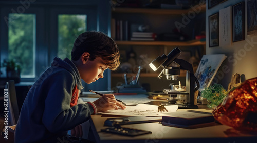 Student working on science project at home study area