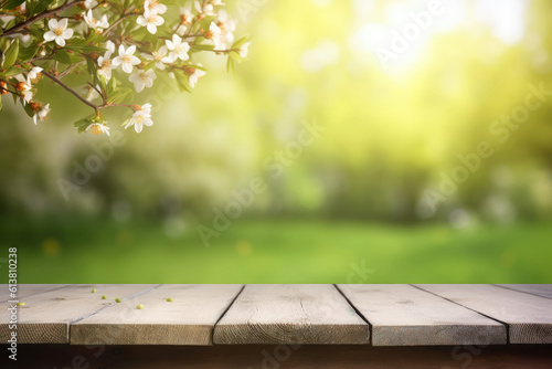 Empty wooden table in spring garden with cherry blossom (Generative AI)