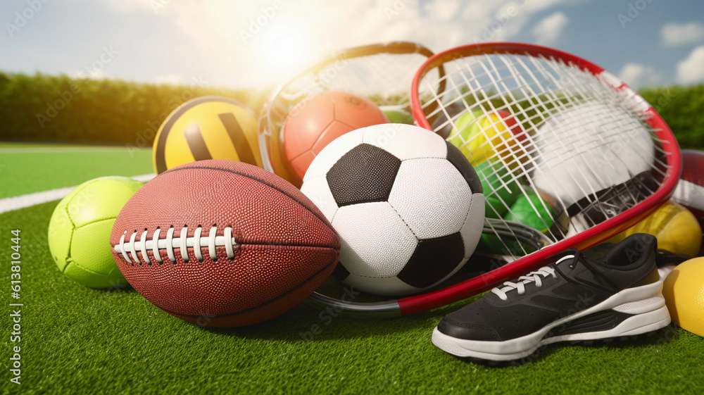 Various Sport Equipments On Grass. Generative AI Various Sport Equipments On Grass. Generative AI