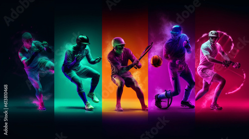Collage of professional sportsmen in action and motion isolated on background in neon light. Generative AI © Creative Clicks
