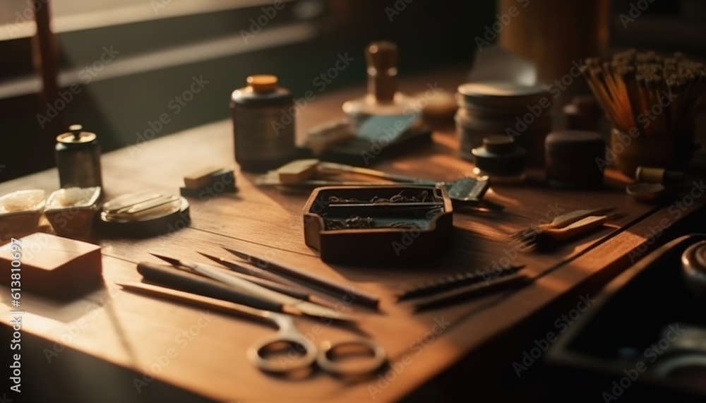 Obraz premium Wooden artist table with pencils, brushes and other small hand tools. Craftsmanship. 