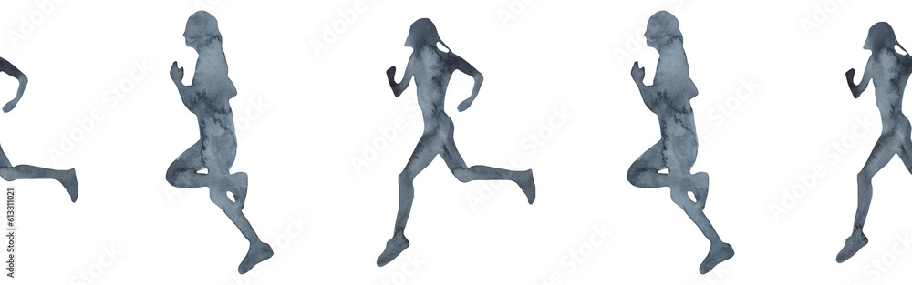 Sports at sunrise border.Running.Gymnastics.Morning gym.Watercolor silhouette sport isolated on white background. Sports at sunrise border.Running.Gymnastics.Morning gym.Watercolor silhouette sport isolated on white background.