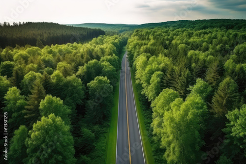 Beautiful Asphalt Road In Dense Forest, Aerial View From Drone. Generative AI