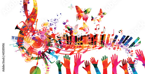 Colorful musical poster with G-clef, LP vinyl record disc and musical instruments vector illustration. Playful background for live concert events, music festivals, shows, party flyer with piano keys
