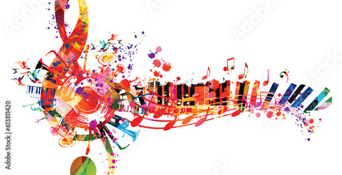 Colorful musical poster with G-clef, LP vinyl record disc and musical instruments vector illustration. Playful background for live concert events, music festivals, shows, party flyer with piano keys