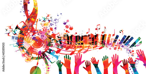 Colorful musical poster with G-clef, LP vinyl record disc and musical instruments vector illustration. Playful background for live concert events, music festivals, shows, party flyer with piano keys