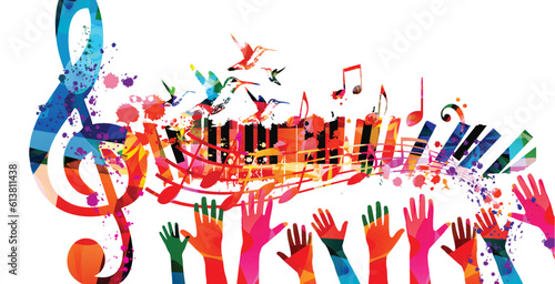 Colorful treble clef musical note symbol with piano keyboard and hands background. Abstract G-clef and musical notes staff poster. Live concert events, music talent show, music festival, party flyer	