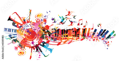 Colorful musical poster with LP vinyl record disc and musical instruments vector illustration. Playful background for live concert events, music festivals and shows, party flyer with piano keyboard