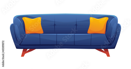 Blue Couch Isolated. Buttoned Quilted Upholstery with Pillows. Interior Object. Furniture for Living Room or Reception Room. Cute Vector Illustration in Cartoon Style.