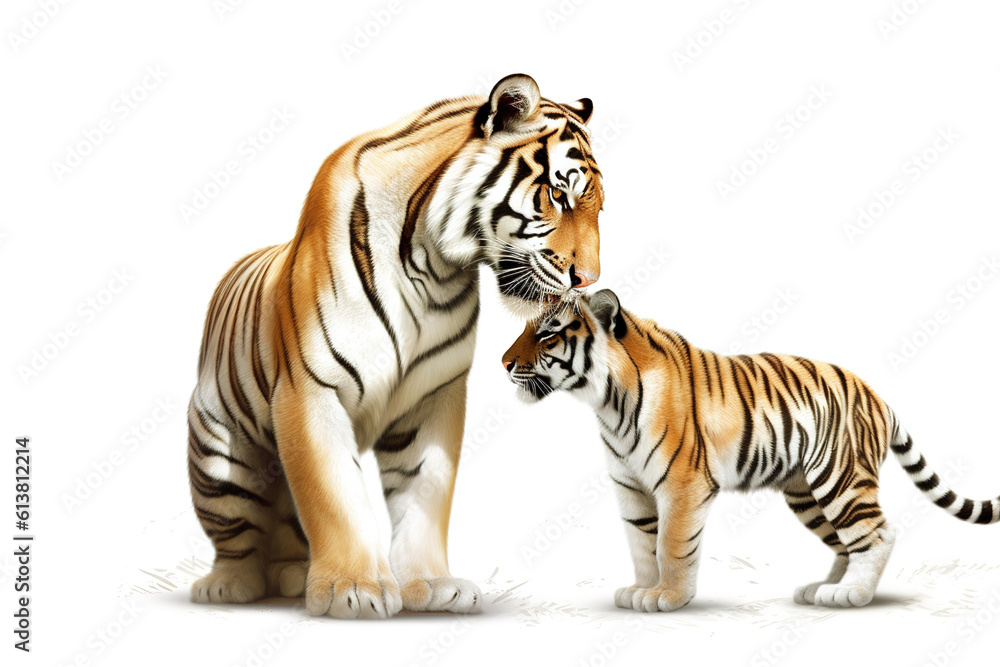 Image of tiger mother and baby tiger on a white background. Wild animal. illustration, generative AI.