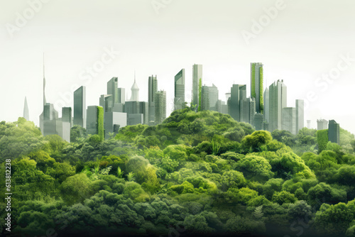 Image Of City Skyline Transforming Into Green Cityscape, Showcasing The Transition Towards Sustainable Urban Development. Earth Day. Generative AI