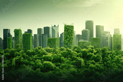 Image Of City Skyline Transforming Into Green Cityscape, Showcasing The Transition Towards Sustainable Urban Development. Generative AI © Anastasiia