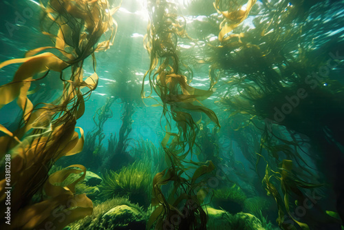Kelp Swaying Underwater, Closeup. Generative AI © Anastasiia