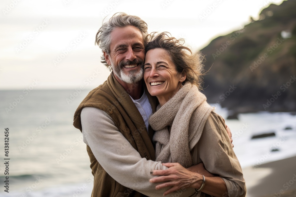 Obraz premium Joyful couple sharing a loving hug on a beach. Generative Ai