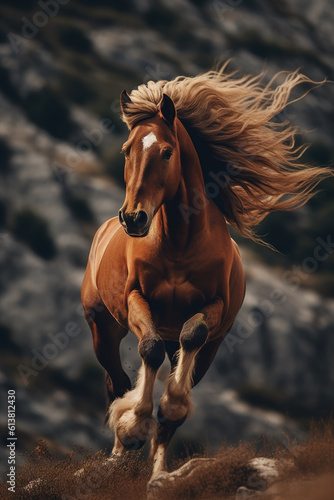 A wild mustang in a mountainous area. A graceful brown horse with a white spot in its forehead and a fluttering mane rushes through the hilly terrain. Generative Ai. © Asmodar