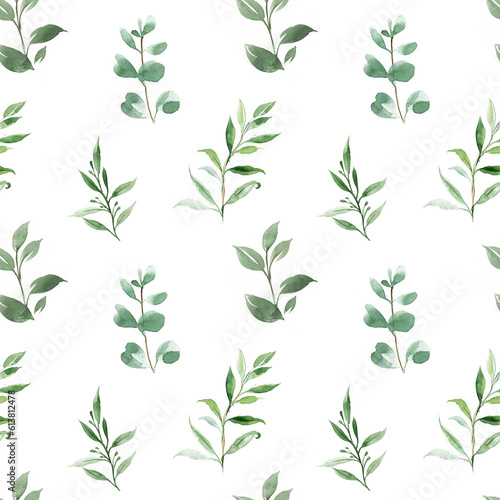 Eucalyptus leaves are a seamless pattern. Watercolor leaves background. Vintage style.