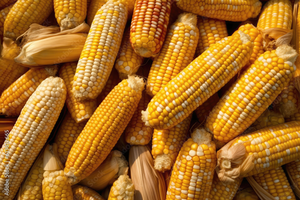 Sunkissed Corn Cobs Neatly Aligned In Farmers Market. Generative AI Sunkissed Corn Cobs Neatly Aligned In Farmers Market. Generative AI