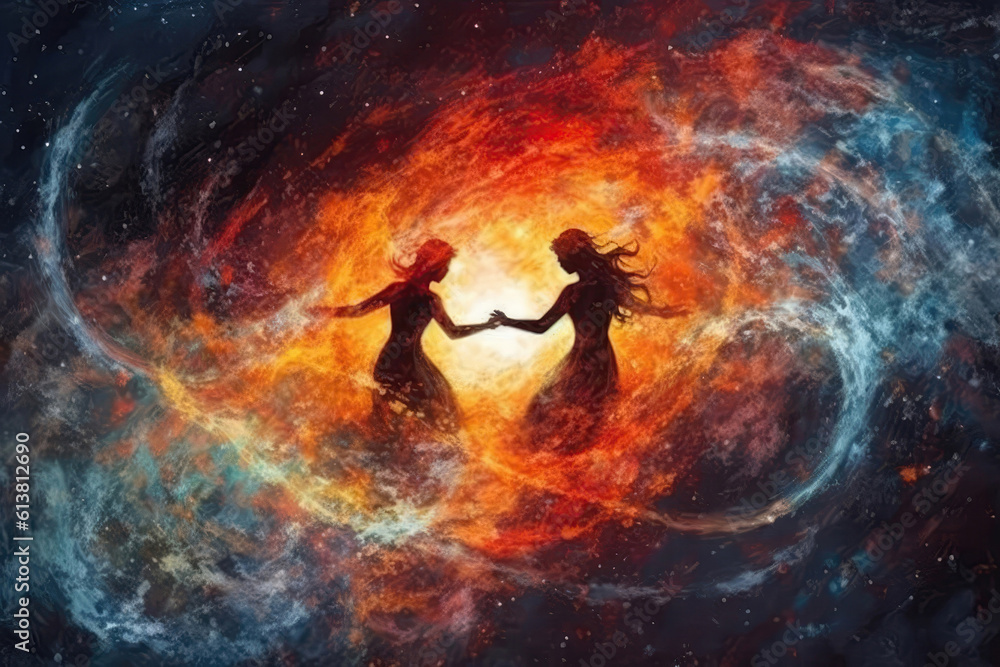The Cosmic Ballet Of Two Galaxies Colliding, Creating Beautiful And Complex Interactions. Generative AI The Cosmic Ballet Of Two Galaxies Colliding, Creating Beautiful And Complex Interactions. Generative AI