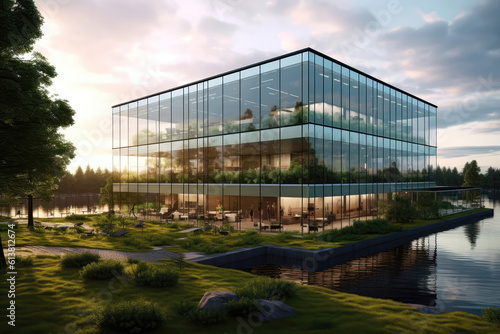 Sustainable Glass Office Building With Large Windows That Provide Panoramic Views Of Surrounding Green Spaces. Generative AI