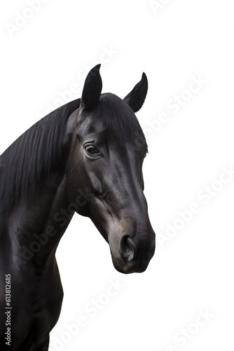 Black Horse Portrait. Glossy back horse isolated on transparent background. Png element. Generative Ai.