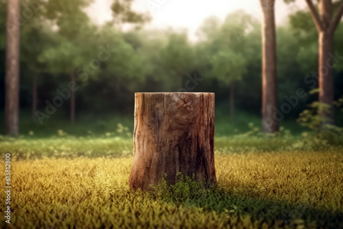 Tree Trunk Podium Against Background Of Unfocused Nature, Grass And Rustic Cottage. Mock Up For A Cosmetic Or Food Product. Generative AI photo