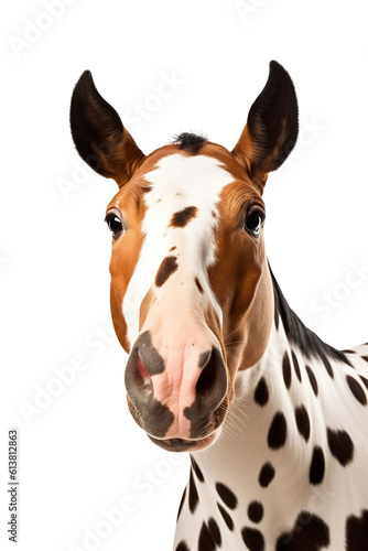 Portrait of a spotted horse. White horse's head with dark spots isolated on a transparent background. Png element. Generative Ai.