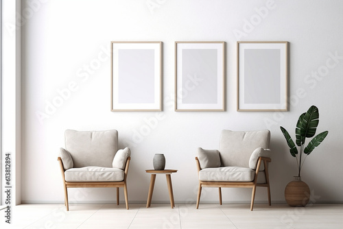 Blank picture frame mockup on gray wall. White living room design. generative AI  