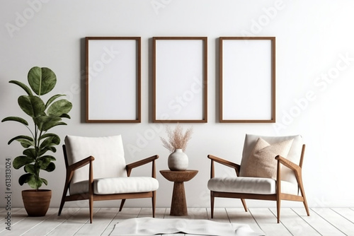 Blank picture frame mockup on gray wall. White living room design. generative AI 