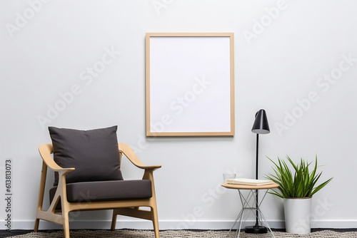 Blank picture frame mockup on gray wall. White living room design. generative AI 