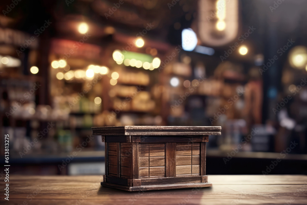 Wooden Podium Tabletop Blurs The Bustling Marketplace Backdrop, Closeup. Empty Display Case For A Cosmetic Or Food Product. Generative AI