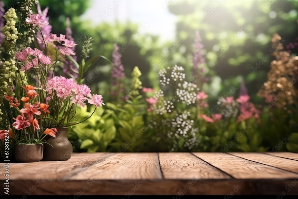 Wooden Podium Tabletop Blurs The Tranquil Garden With Blooming Flowers Backdrop, Empty Display Case For A Cosmetic Or Food Product.. Generative AI Wooden Podium Tabletop Blurs The Tranquil Garden With Blooming Flowers Backdrop, Empty Display Case For A Cosmetic Or Food Product.. Generative AI