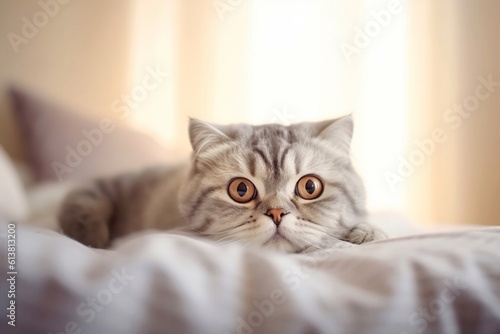 Portrait of tired Scottish fold cat lying in bed at home and looking at camera. Generative AI 