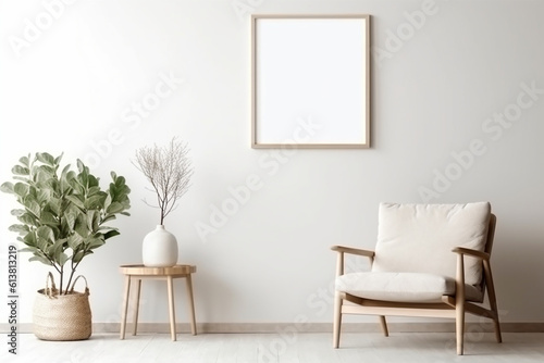 Blank picture frame mockup on gray wall. White living room design. generative AI   © TimosBlickfang