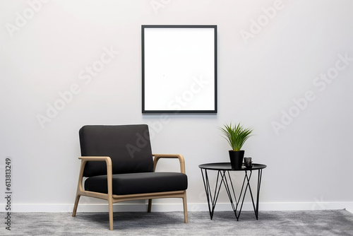 Blank picture frame mockup on gray wall. White living room design. generative AI  