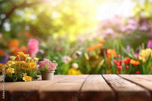 Wooden Podium Tabletop Blurs The Colorful Spring Flowers And Garden Backdrop. Empty Display Case For A Cosmetic Or Food Product. Generative AI