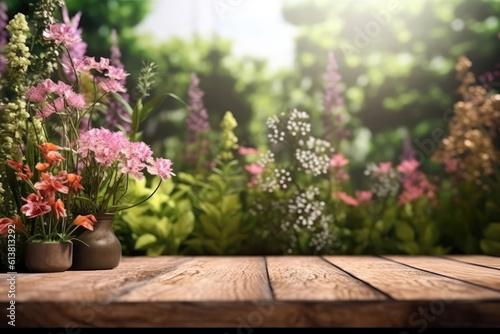 Wooden Podium Tabletop Blurs The Tranquil Garden With Blooming Flowers Backdrop  Empty Display Case For A Cosmetic Or Food Product.. Generative AI