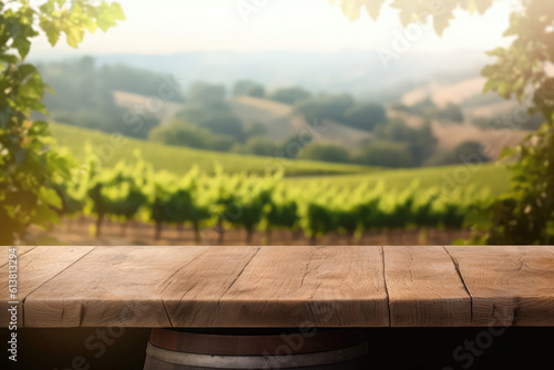 Wooden Podium Tabletop Blurs The Picturesque Vineyard And Rolling Hills Backdrop, Empty Display Case For A Cosmetic Or Food Product.. Generative AI © Anastasiia
