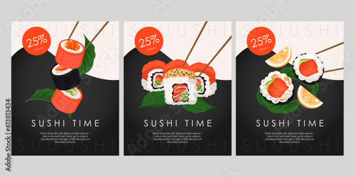 Sushi rolls restaurant flyers, flyers, banners set, advertising, Japanese food